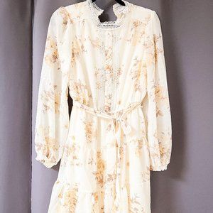 Blu Pepper Floral Smocked Dress, Size L, cream/tan